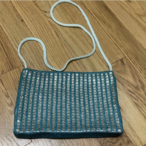 Vintage Genie blue silver striped beaded handbag shoulder bag unique retro fancy - Picture 1 of 9